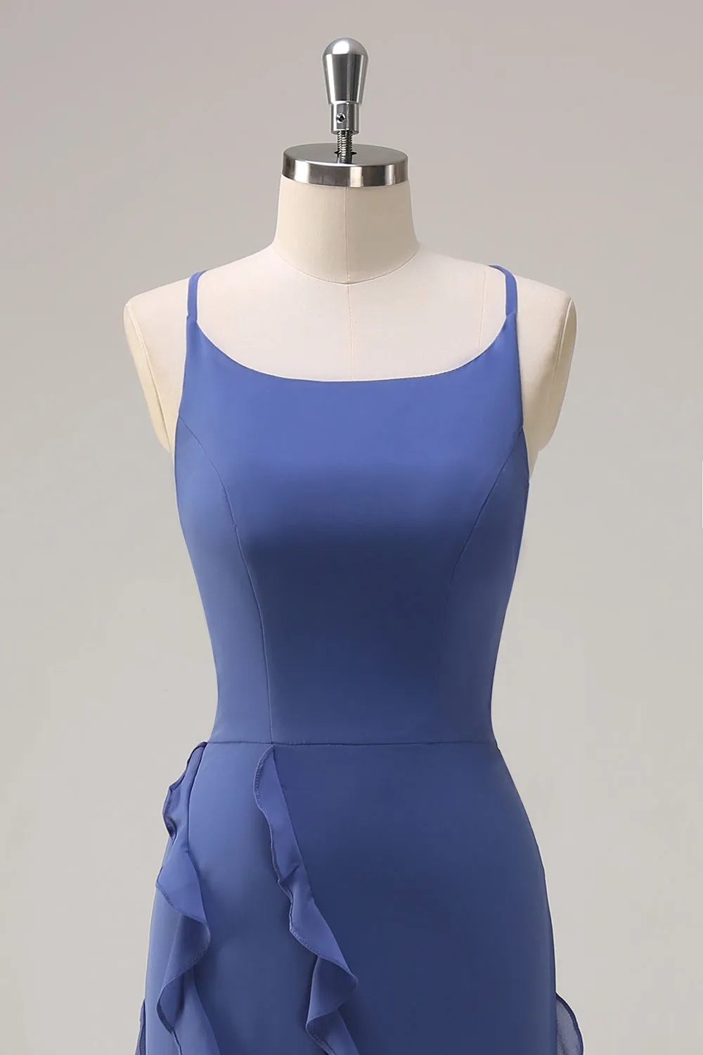 Dark Blue Bodycon Spaghetti Straps Long Bridesmaid Dress with Ruffles Slit sold by Zapaka product image thumbnail 4