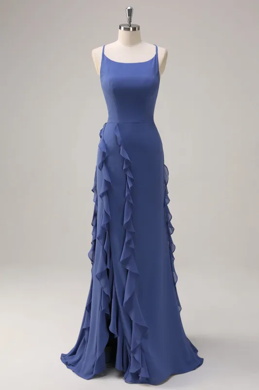 Dark Blue Bodycon Spaghetti Straps Long Bridesmaid Dress with Ruffles Slit sold by Zapaka