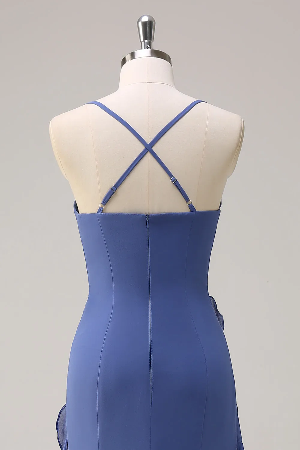Dark Blue Bodycon Spaghetti Straps Long Bridesmaid Dress with Ruffles Slit sold by Zapaka product image thumbnail 5