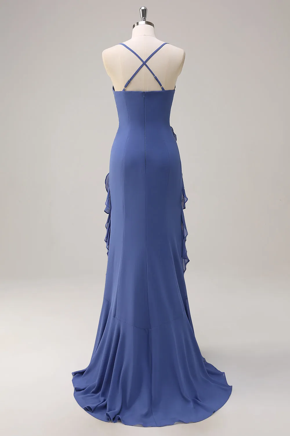 Dark Blue Bodycon Spaghetti Straps Long Bridesmaid Dress with Ruffles Slit sold by Zapaka product image thumbnail 2