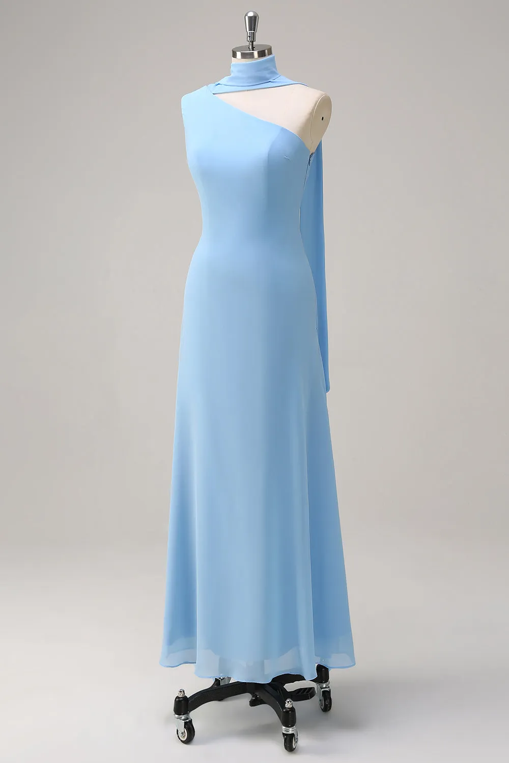 Chiffon Blue Mermaid One Shoulder Long Bridesmaid Dress with Streamer sold by Zapaka product image thumbnail 3