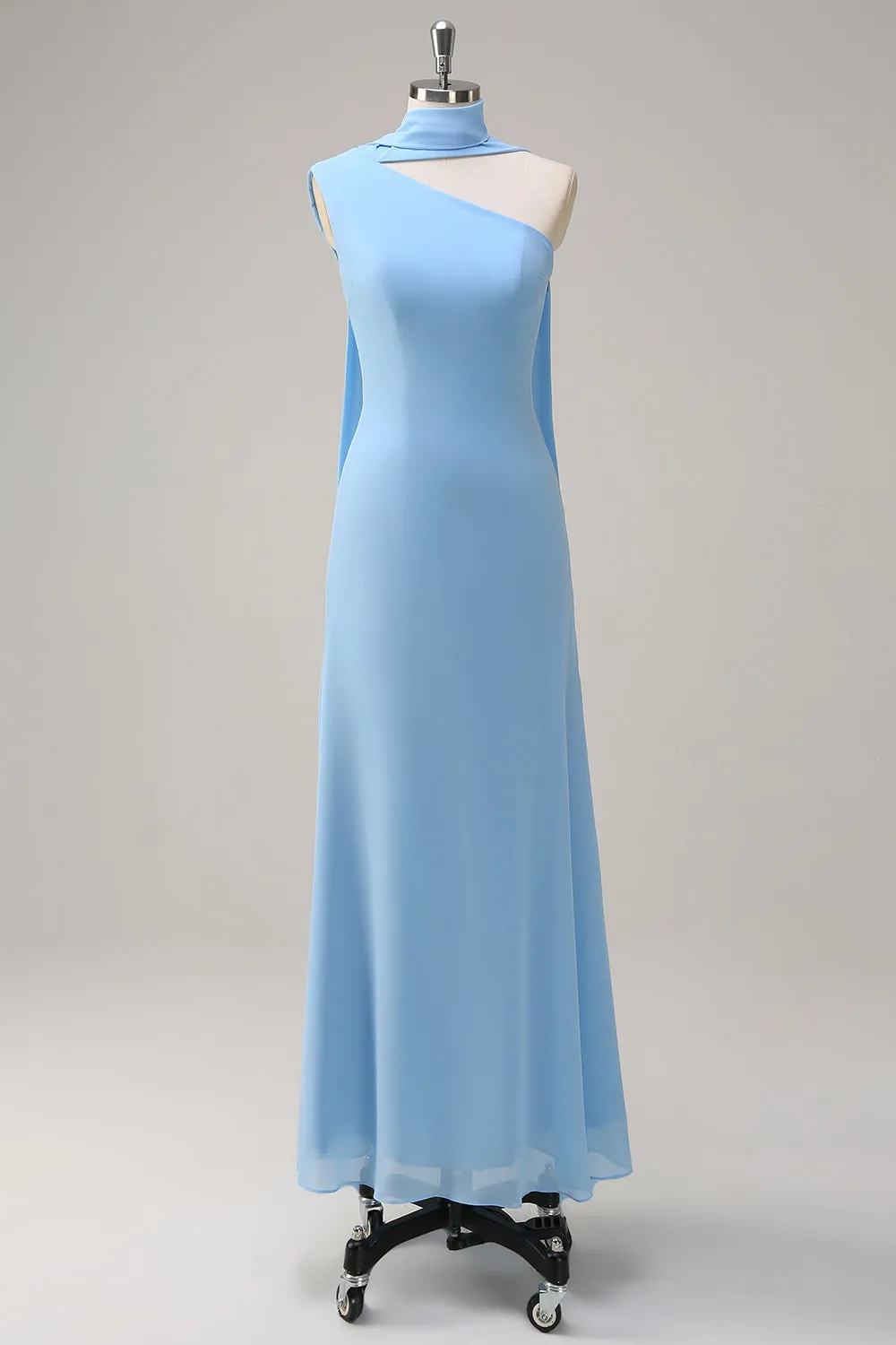 Chiffon Blue Mermaid One Shoulder Long Bridesmaid Dress with Streamer sold by Zapaka
