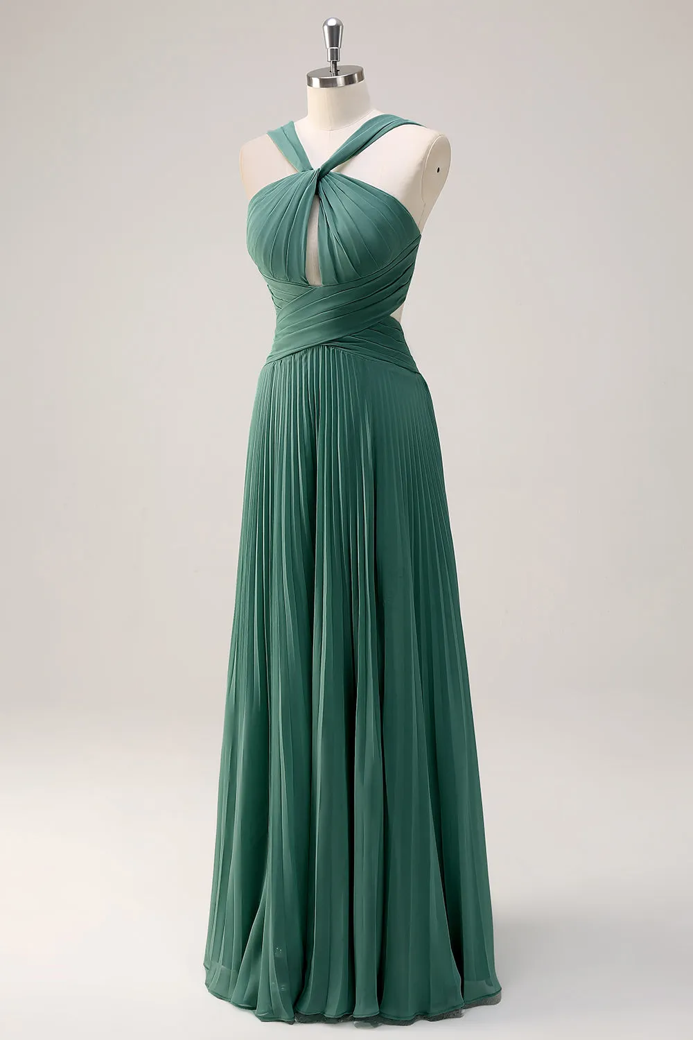 Eucalyptus A Line Halter Neck Chiffon Pleated Long Bridesmaid Dress sold by Zapaka product image thumbnail 3