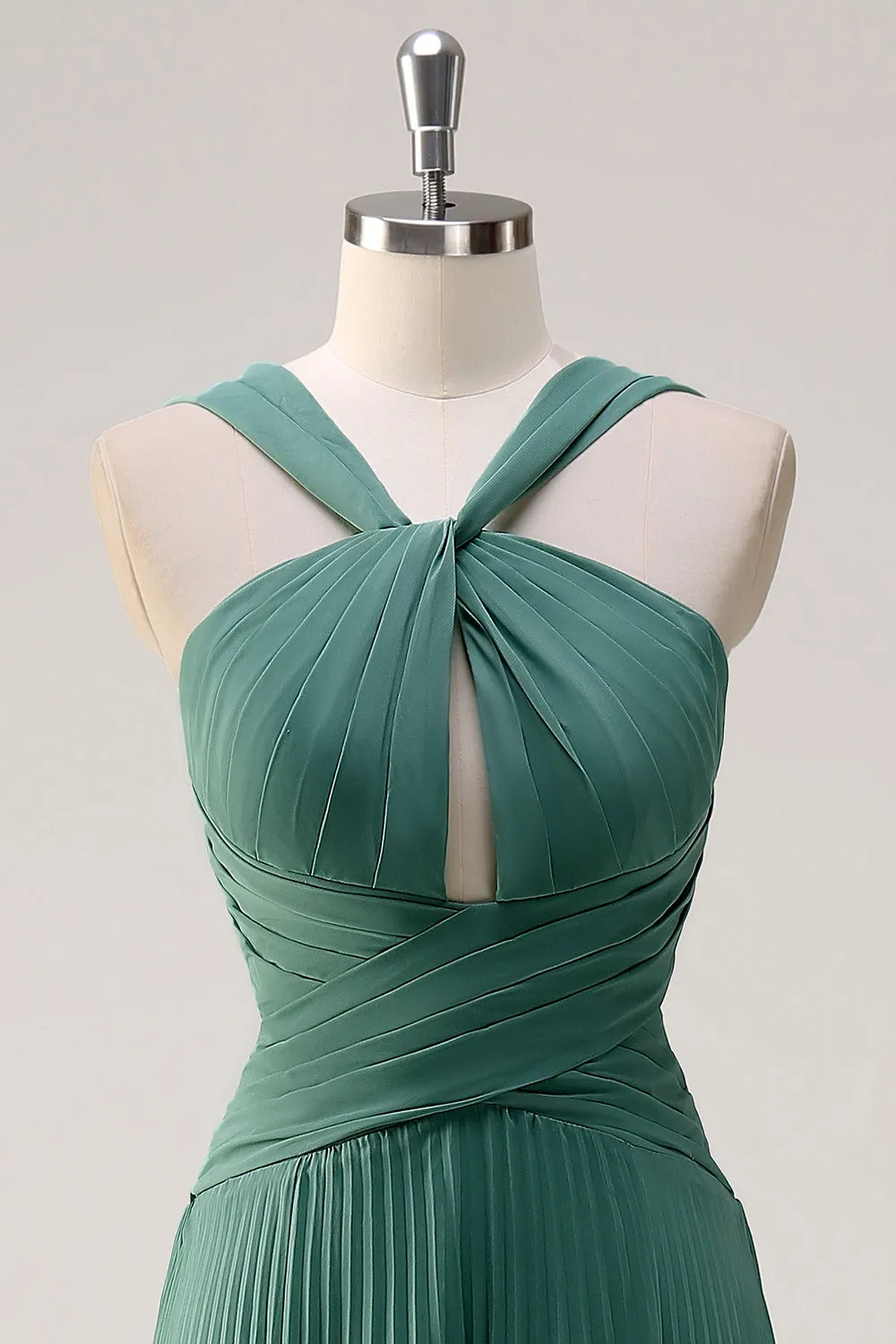 Eucalyptus A Line Halter Neck Chiffon Pleated Long Bridesmaid Dress sold by Zapaka product image thumbnail 4