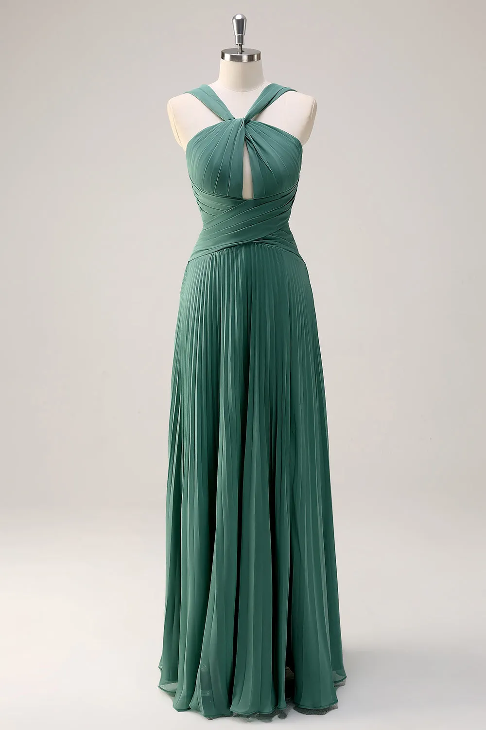 Eucalyptus A Line Halter Neck Chiffon Pleated Long Bridesmaid Dress sold by Zapaka