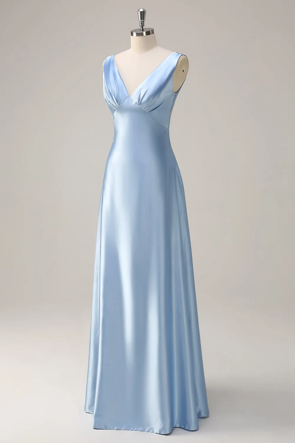 Sky Blue A Line V Neck Open Back Satin Long Bridesmaid Dress sold by Zapaka product image thumbnail 3