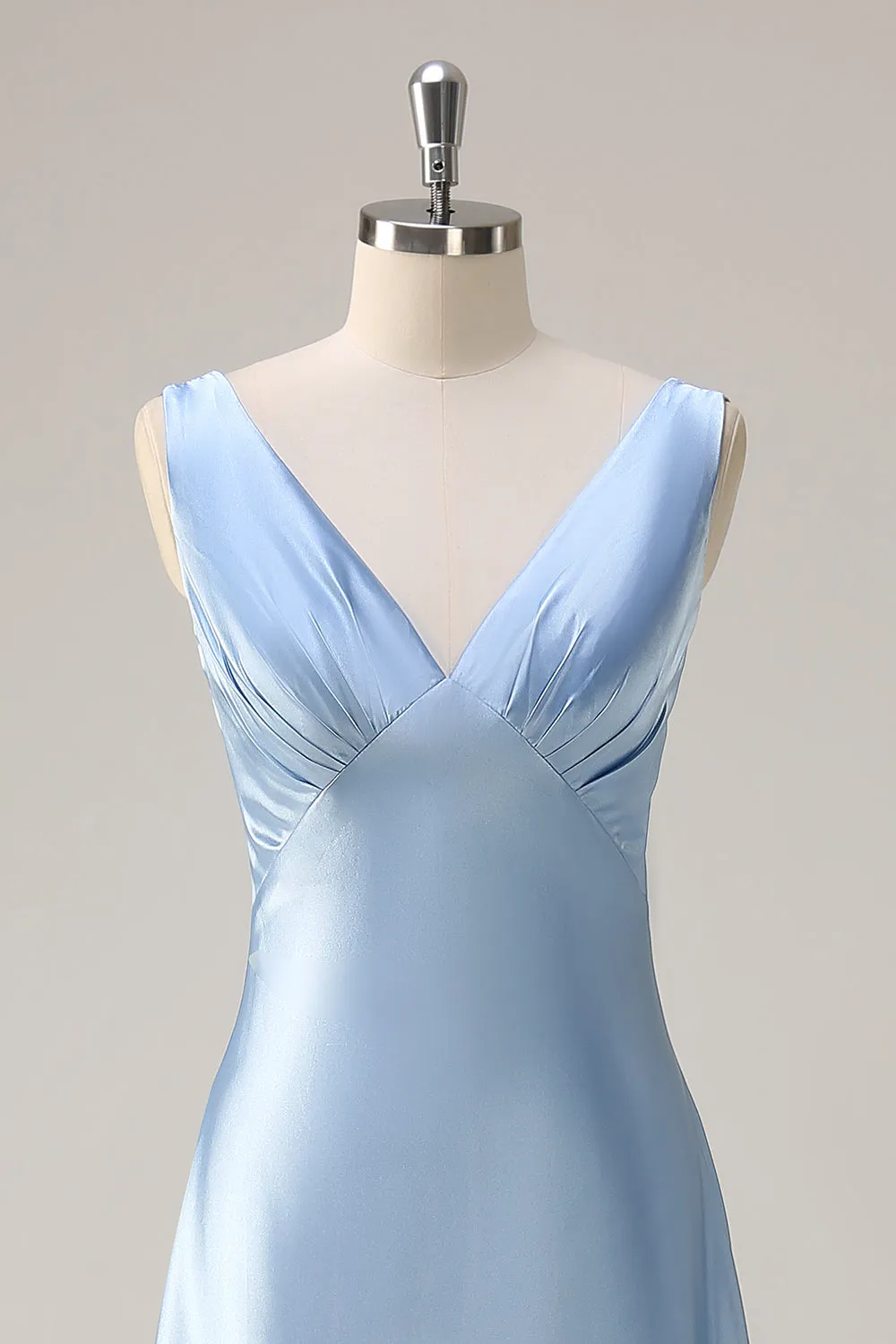 Sky Blue A Line V Neck Open Back Satin Long Bridesmaid Dress sold by Zapaka product image thumbnail 4