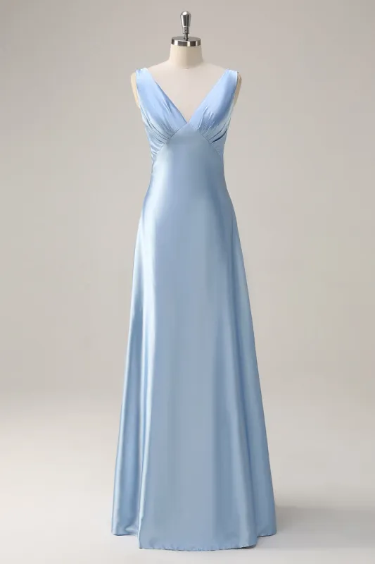 Sky Blue A Line V Neck Open Back Satin Long Bridesmaid Dress sold by Zapaka