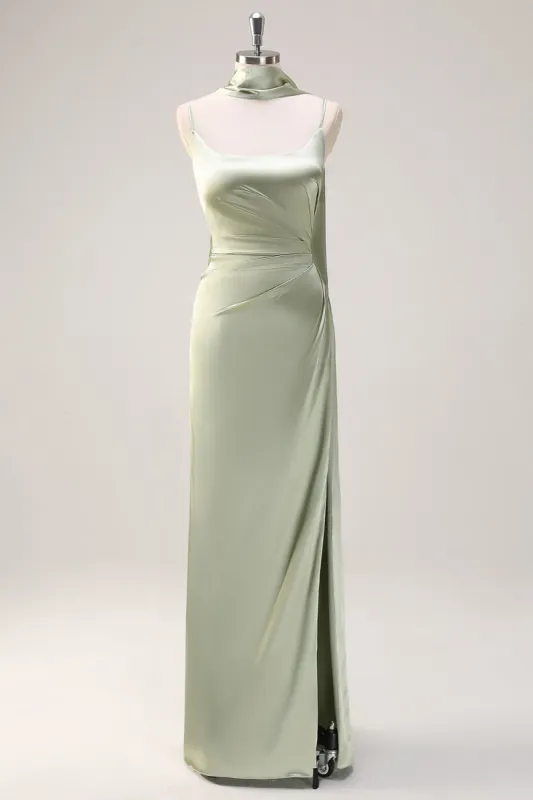 Sage Mermaid Ruched Long Ruched Streamer Satin Bridesmaid Dress with Slit sold by Zapaka