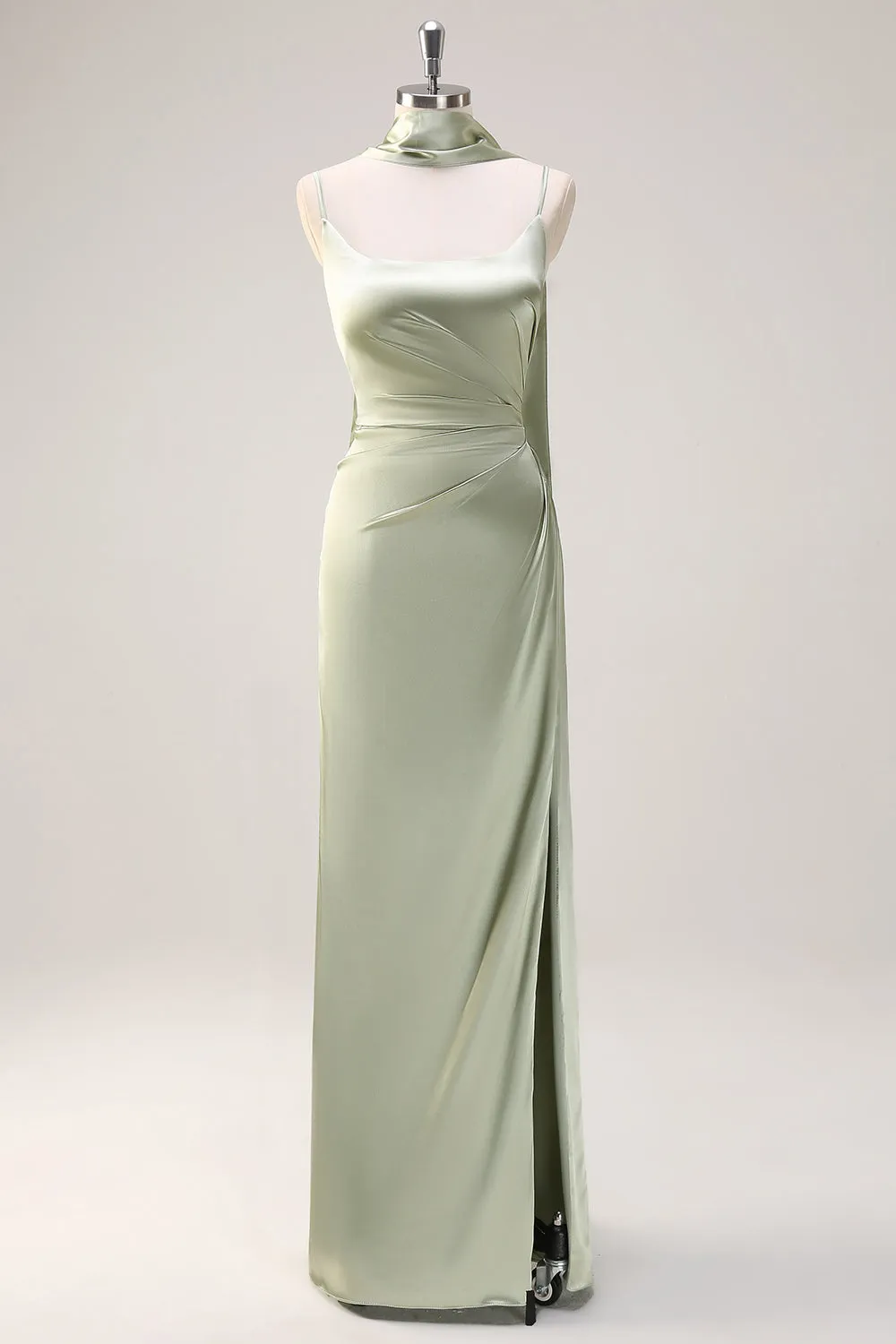 Sage Mermaid Ruched Long Ruched Streamer Satin Bridesmaid Dress with Slit sold by Zapaka