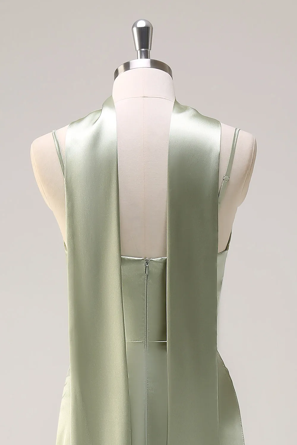 Sage Mermaid Ruched Long Ruched Streamer Satin Bridesmaid Dress with Slit sold by Zapaka product image thumbnail 5