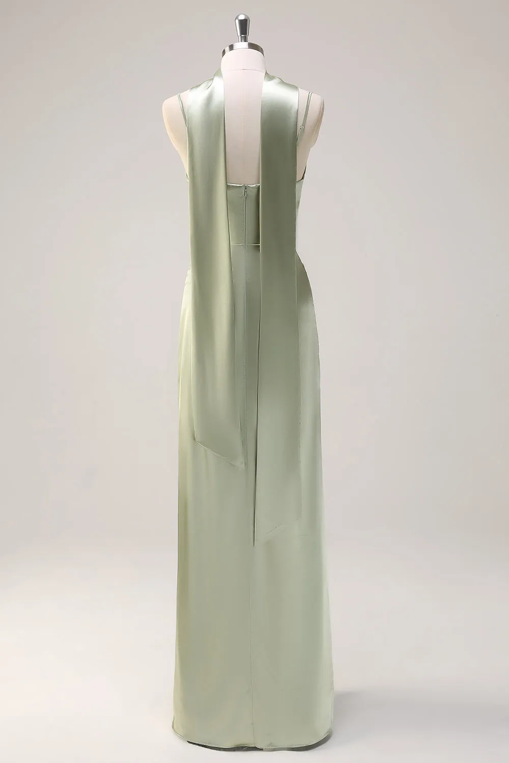 Sage Mermaid Ruched Long Ruched Streamer Satin Bridesmaid Dress with Slit sold by Zapaka product image thumbnail 2