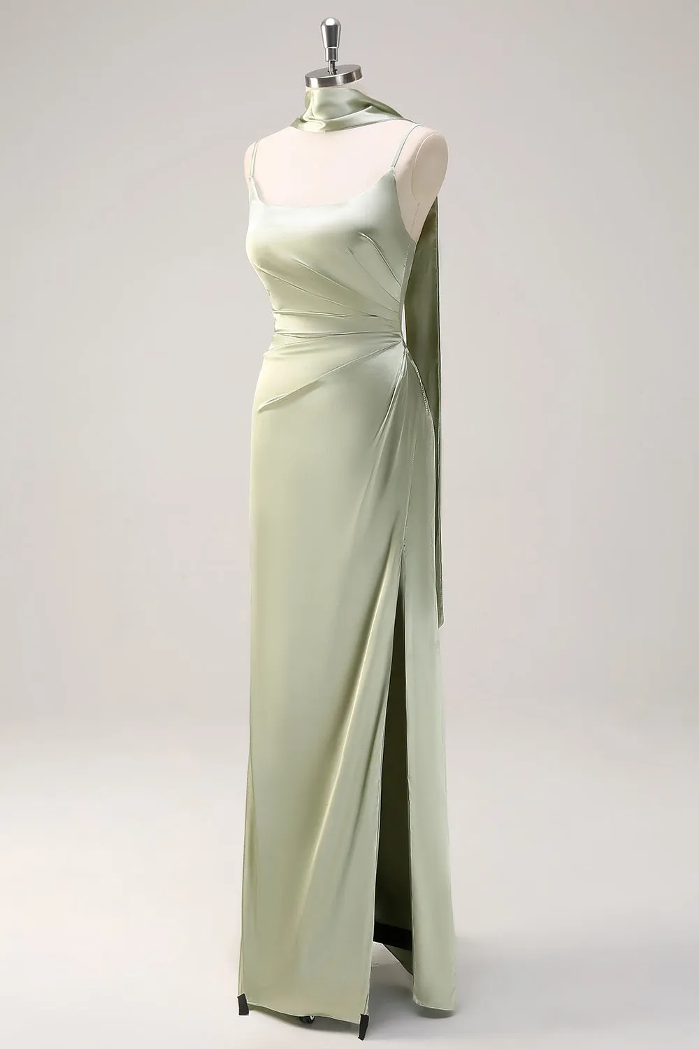 Sage Mermaid Ruched Long Ruched Streamer Satin Bridesmaid Dress with Slit sold by Zapaka product image thumbnail 3