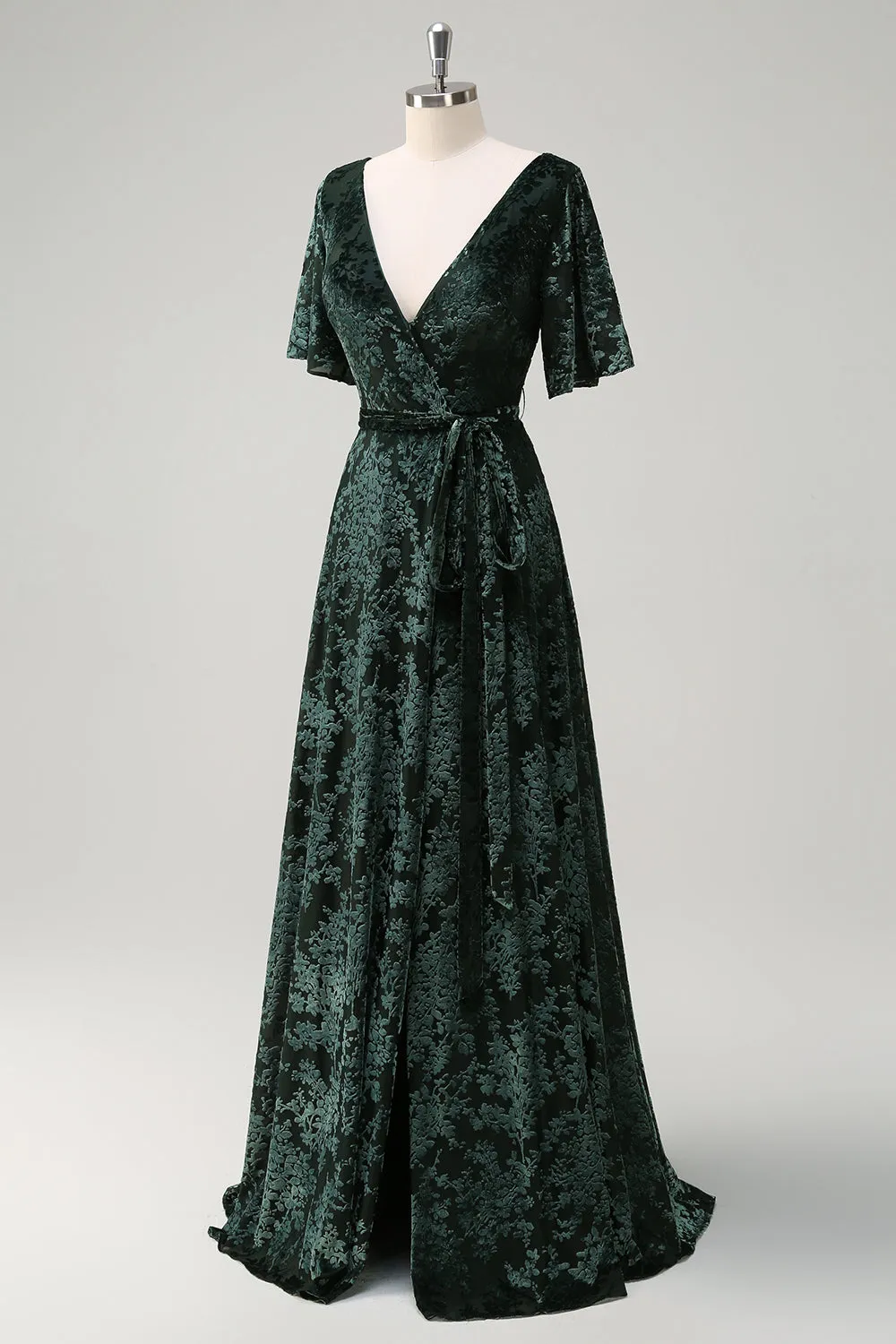 Dark Green A Line V-Neck Burnout Velvet Floral Long Bridesmaid Dress sold by Zapaka product image thumbnail 3
