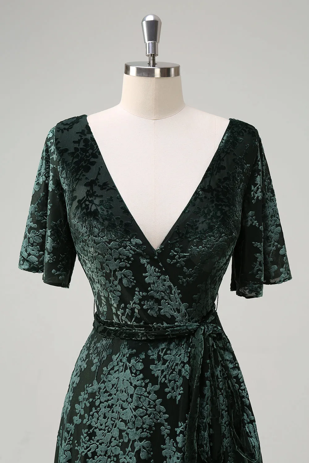 Dark Green A Line V-Neck Burnout Velvet Floral Long Bridesmaid Dress sold by Zapaka product image thumbnail 4