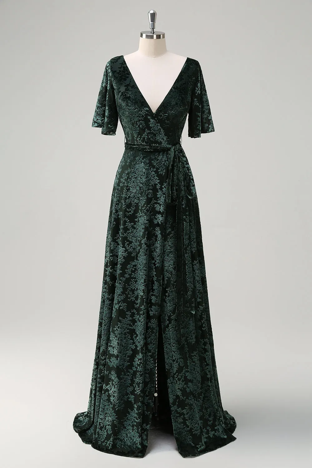 Dark Green A Line V-Neck Burnout Velvet Floral Long Bridesmaid Dress sold by Zapaka