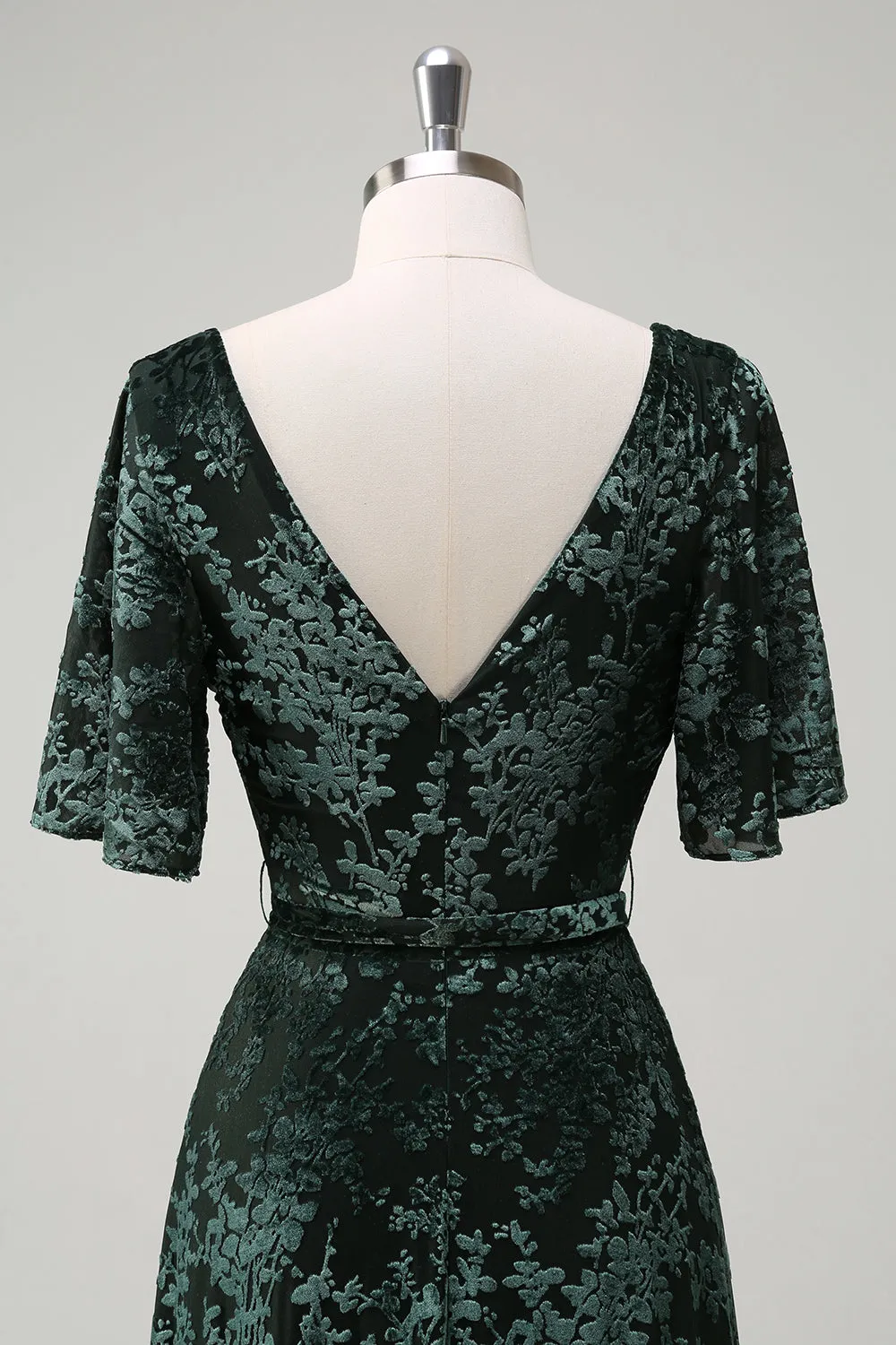 Dark Green A Line V-Neck Burnout Velvet Floral Long Bridesmaid Dress sold by Zapaka product image thumbnail 5