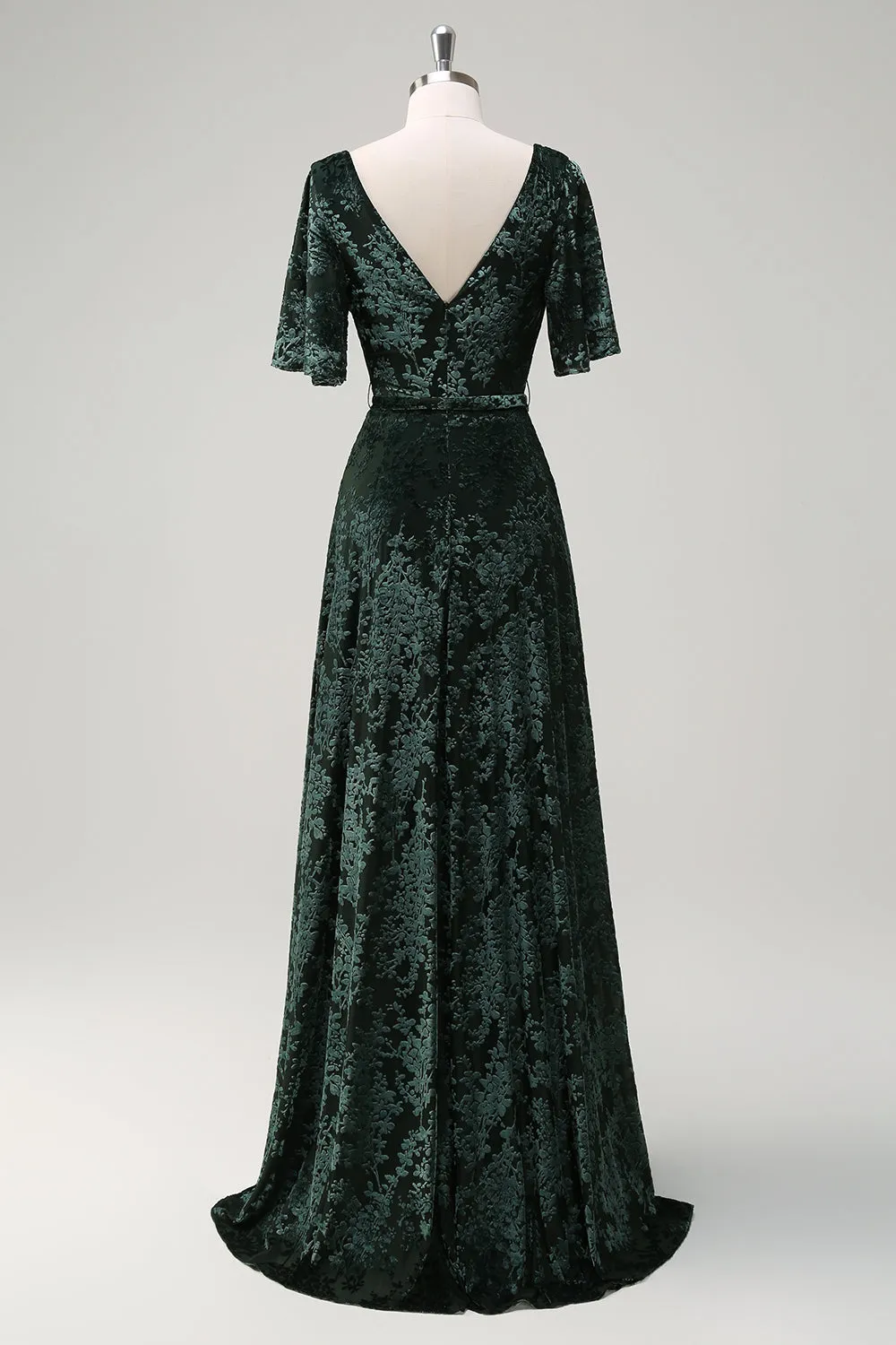 Dark Green A Line V-Neck Burnout Velvet Floral Long Bridesmaid Dress sold by Zapaka product image thumbnail 2