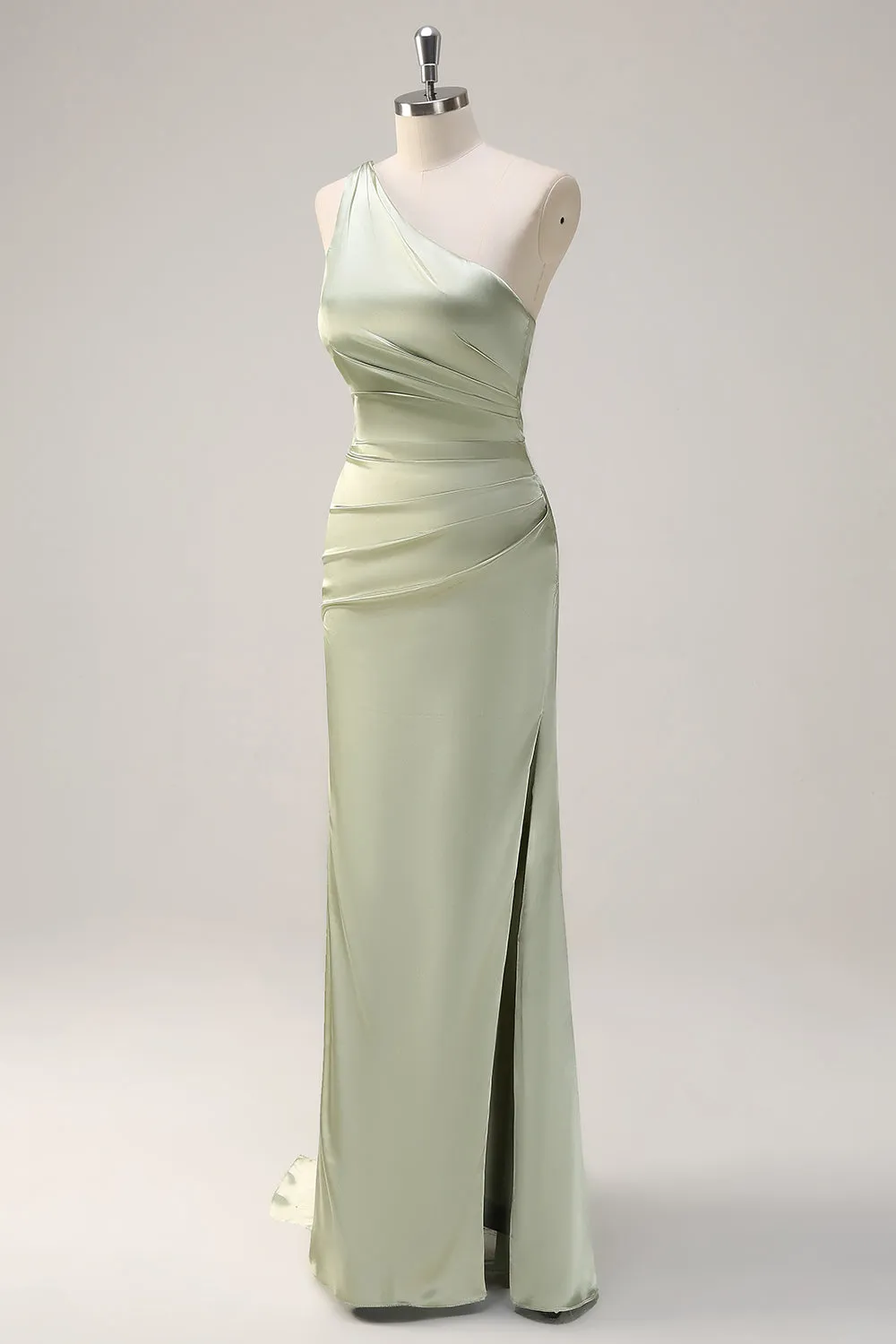 Sage Mermaid One Shoulder Streamer Ruched Satin Long Bridesmaid Dress with Slit sold by Zapaka product image thumbnail 3