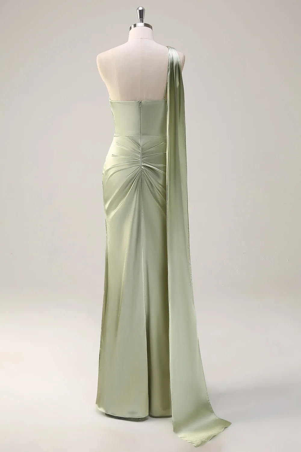 Sage Mermaid One Shoulder Streamer Ruched Satin Long Bridesmaid Dress with Slit sold by Zapaka product image thumbnail 2