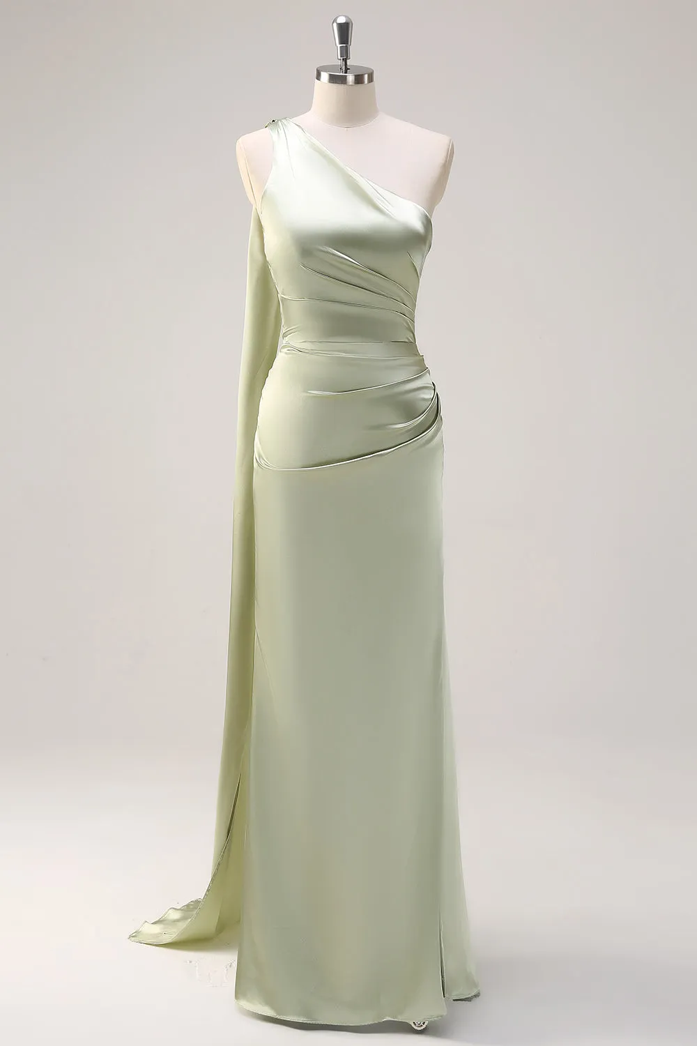 Sage Mermaid One Shoulder Streamer Ruched Satin Long Bridesmaid Dress with Slit sold by Zapaka