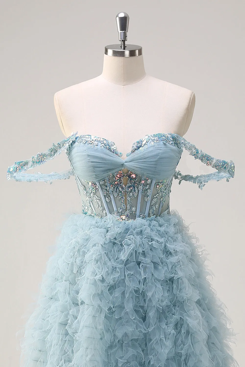 Dusty Blue Princess Off the Shoulder Sheer Corset Long Prom Dress with Ruffles sold by Zapaka product image thumbnail 4