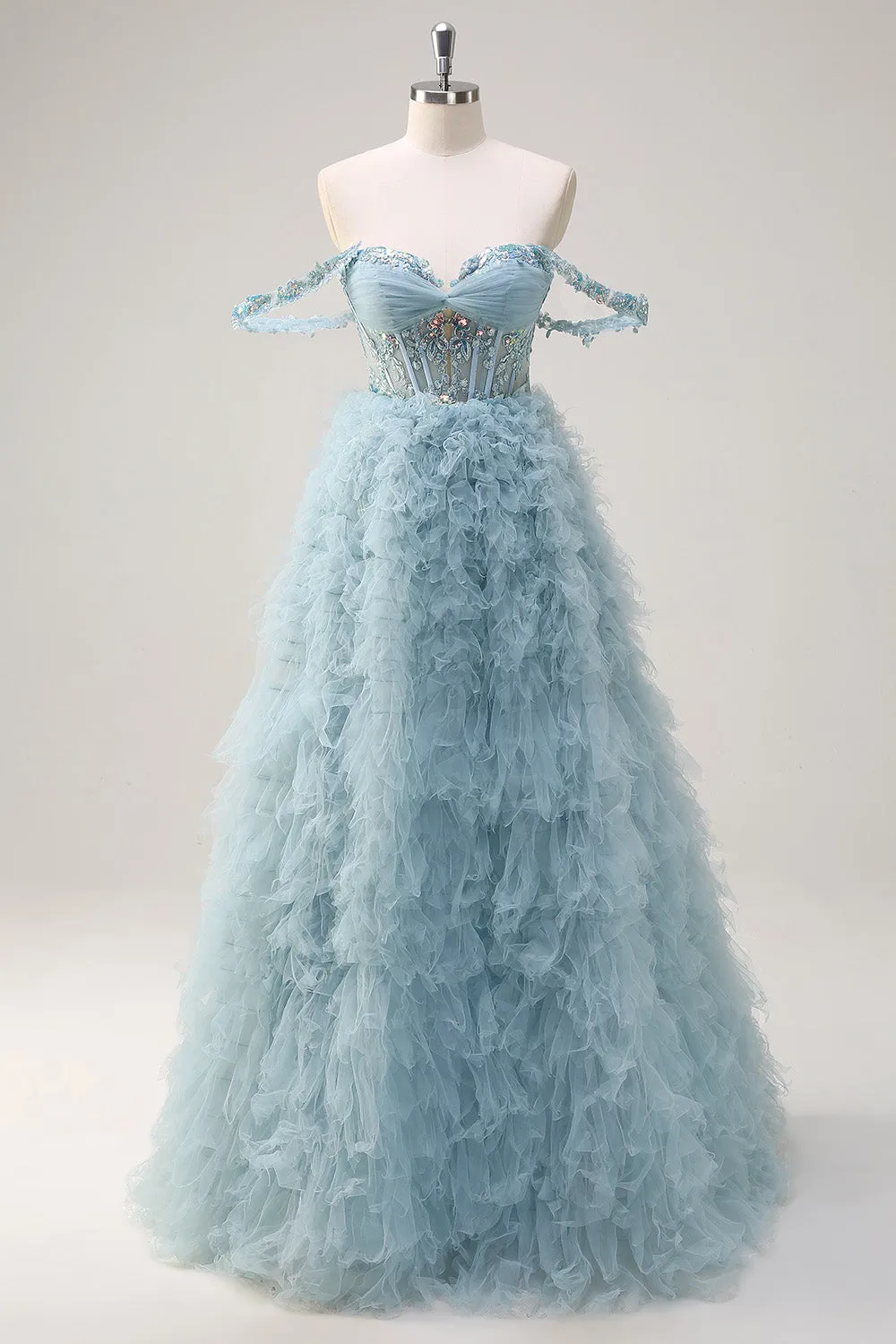 Dusty Blue Princess Off the Shoulder Sheer Corset Long Prom Dress with Ruffles sold by Zapaka