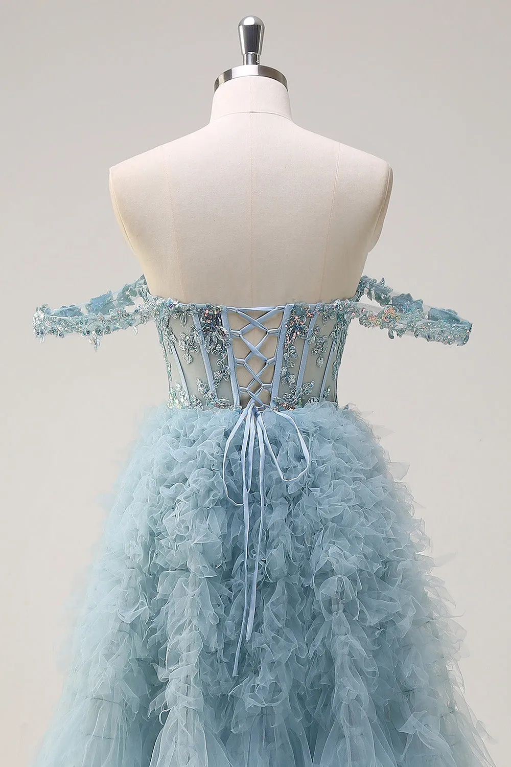 Dusty Blue Princess Off the Shoulder Sheer Corset Long Prom Dress with Ruffles sold by Zapaka product image thumbnail 5