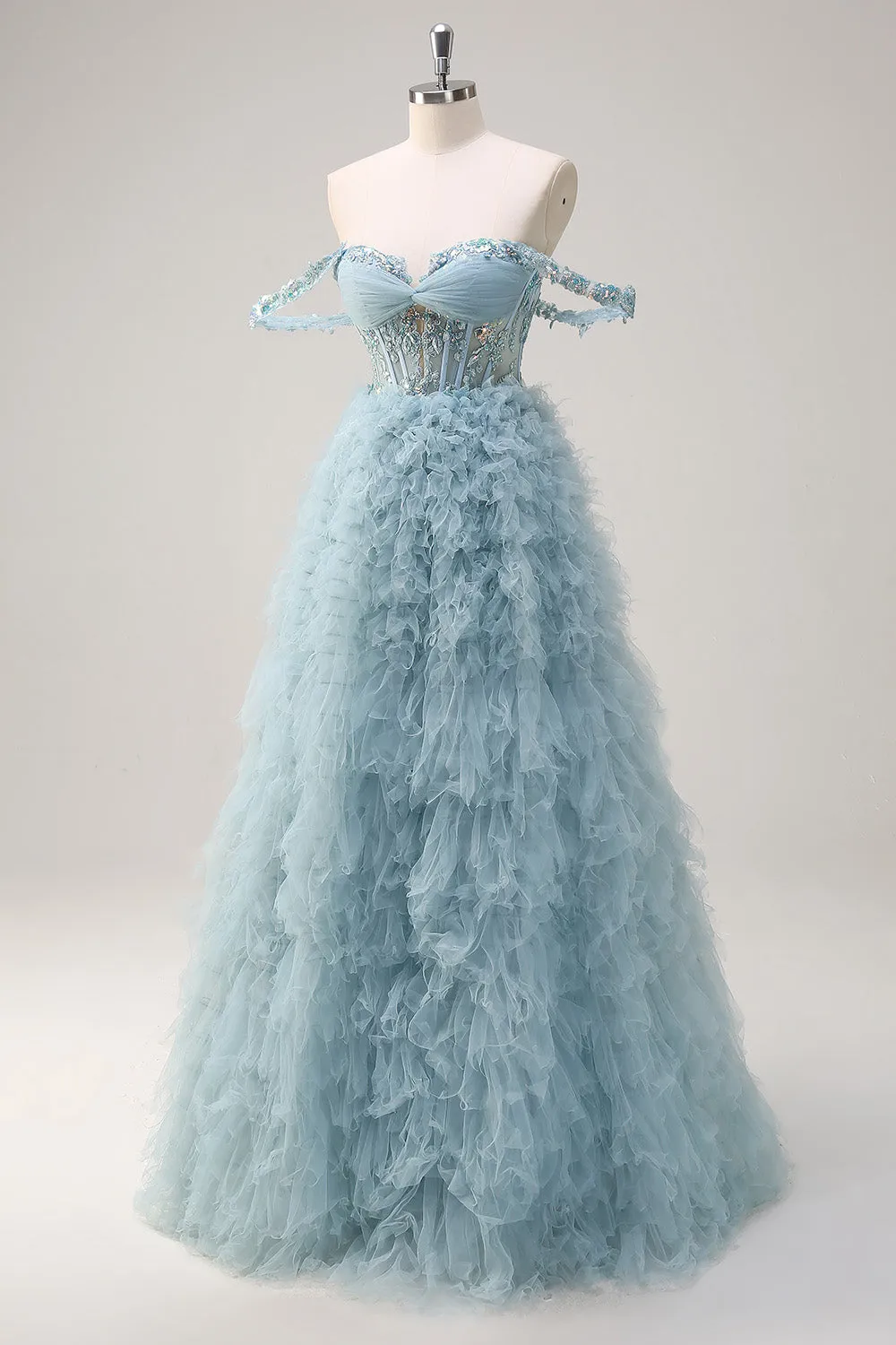 Dusty Blue Princess Off the Shoulder Sheer Corset Long Prom Dress with Ruffles sold by Zapaka product image thumbnail 3