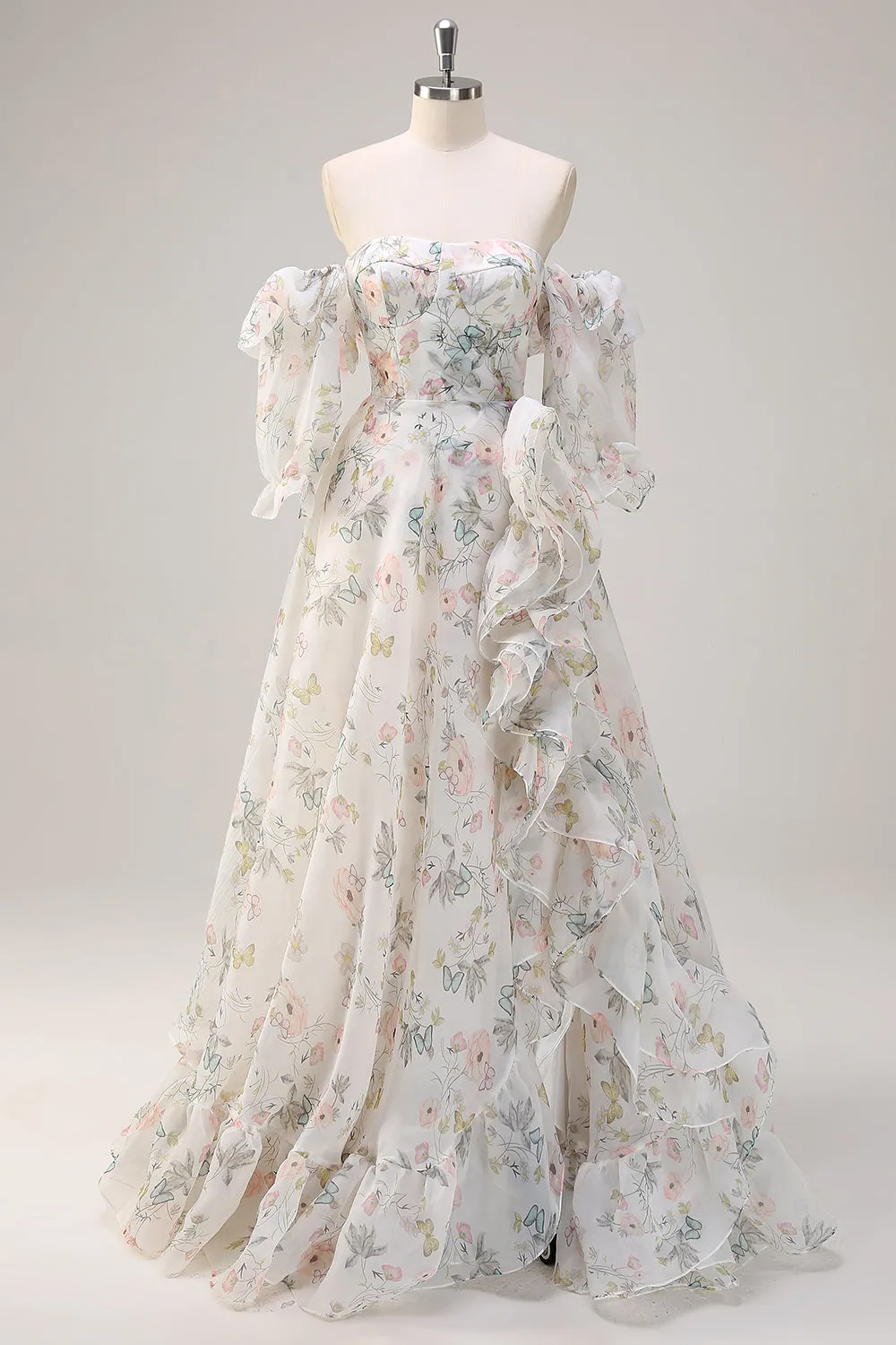 White Floral A Line Off The Shoulder Print Floral Long Prom Dress with Ruffle Slit sold by Zapaka