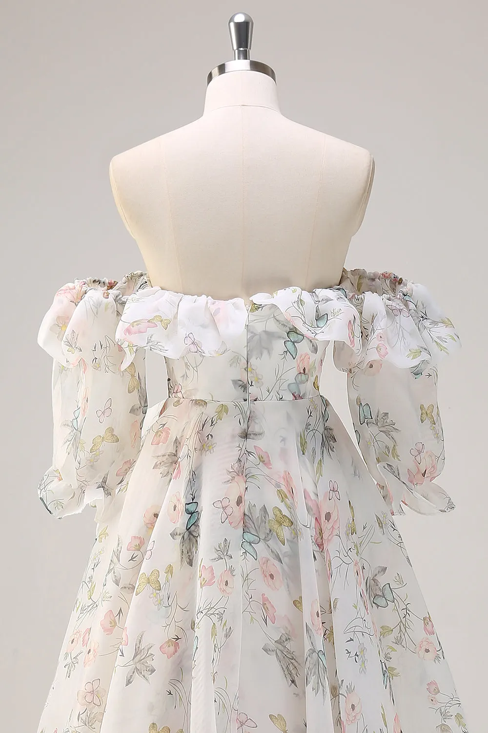 White Floral A Line Off The Shoulder Print Floral Long Prom Dress with Ruffle Slit sold by Zapaka product image thumbnail 5