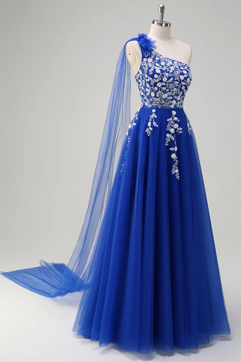 Royal Blue A-Line One Shoulder Watteau Train Appliqued Prom Dress with Lace Up Back sold by Zapaka product image thumbnail 3