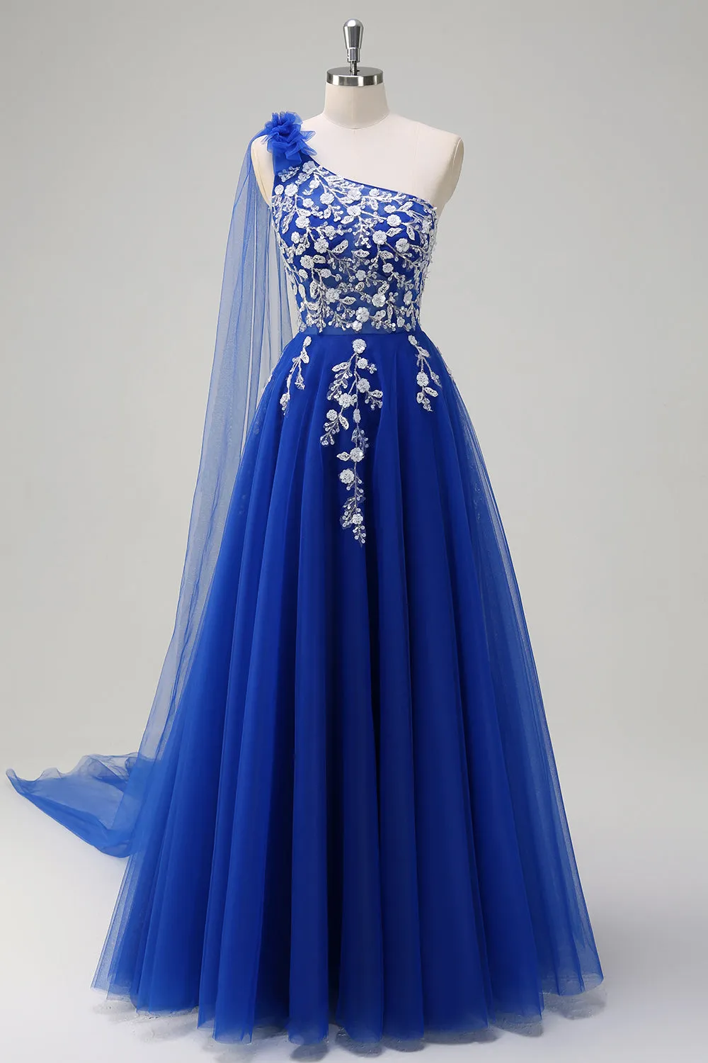 Royal Blue A-Line One Shoulder Watteau Train Appliqued Prom Dress with Lace Up Back sold by Zapaka