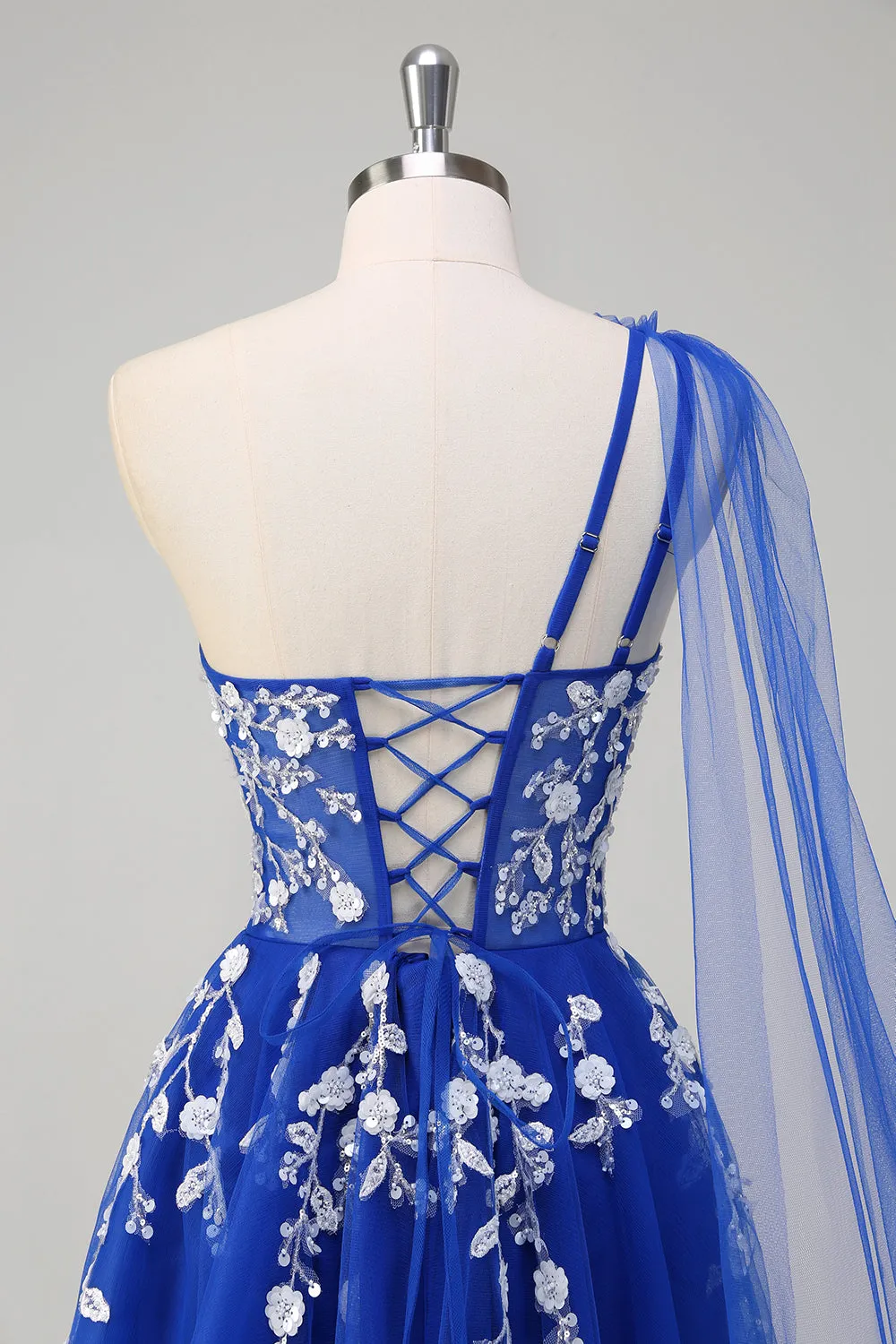 Royal Blue A-Line One Shoulder Watteau Train Appliqued Prom Dress with Lace Up Back sold by Zapaka product image thumbnail 5