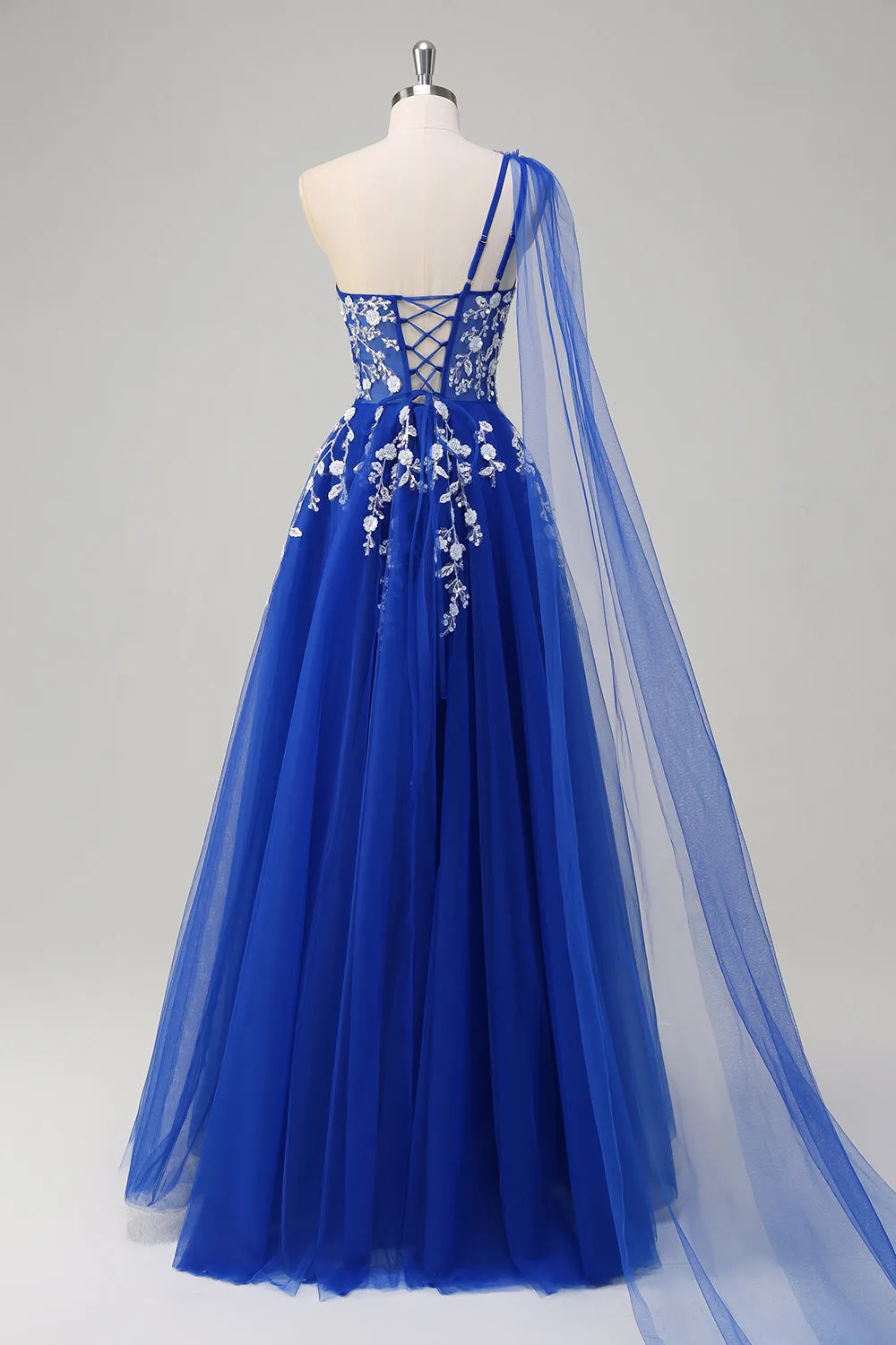Royal Blue A-Line One Shoulder Watteau Train Appliqued Prom Dress with Lace Up Back sold by Zapaka product image thumbnail 2