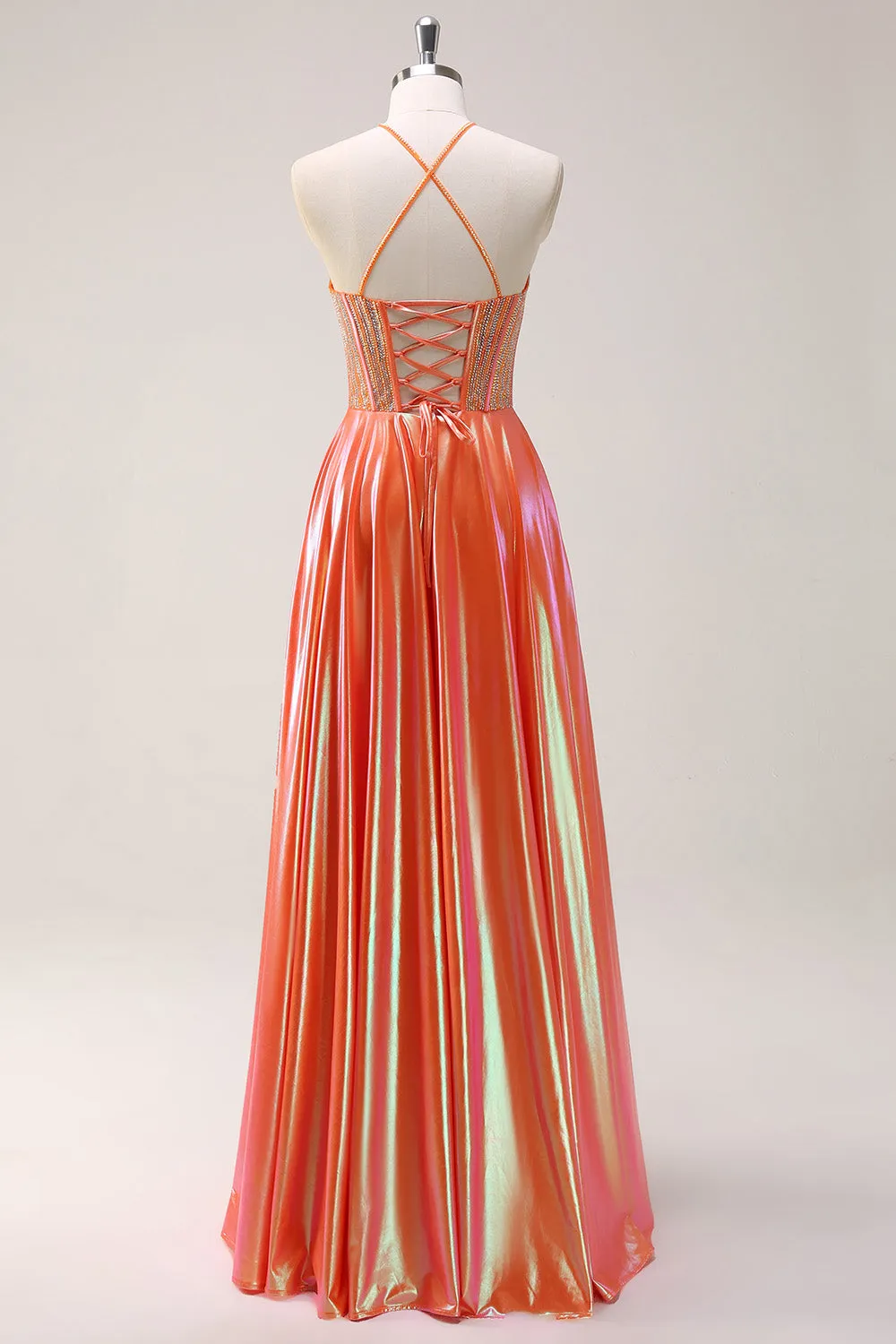 Sparkly Orange A-Line Halter Metallic Long Prom Dress with Beading sold by Zapaka product image thumbnail 2