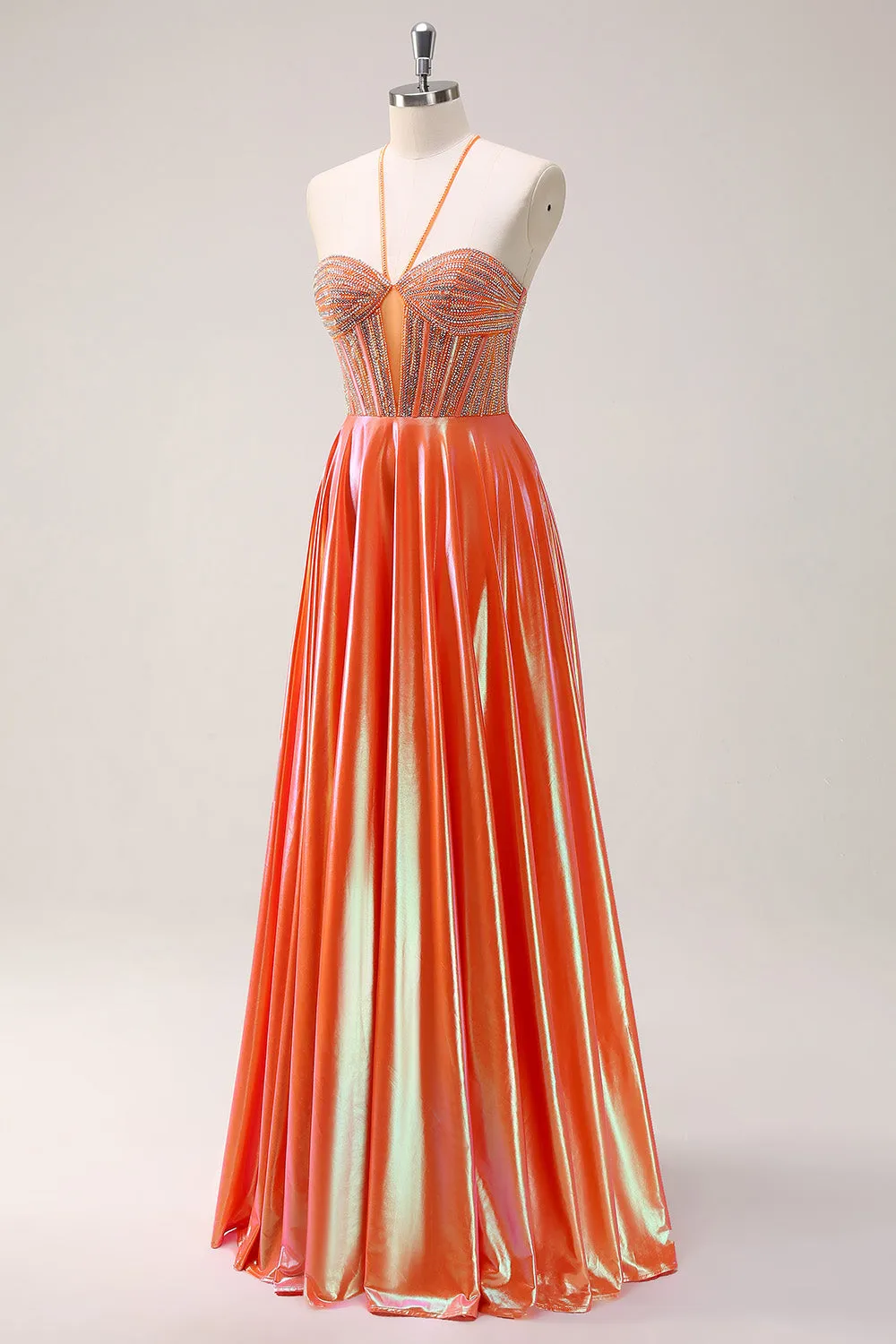 Sparkly Orange A-Line Halter Metallic Long Prom Dress with Beading sold by Zapaka product image thumbnail 3