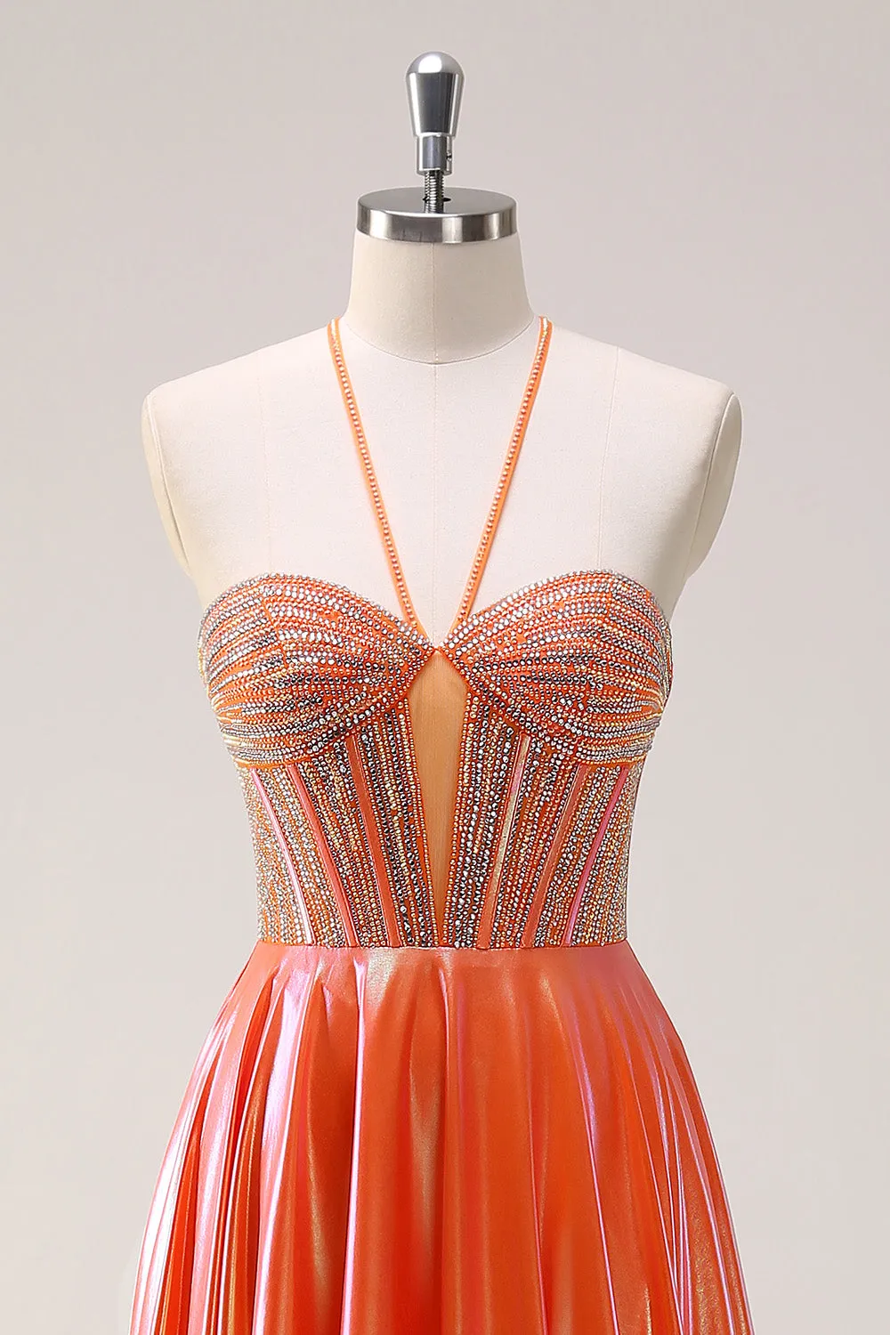 Sparkly Orange A-Line Halter Metallic Long Prom Dress with Beading sold by Zapaka product image thumbnail 4