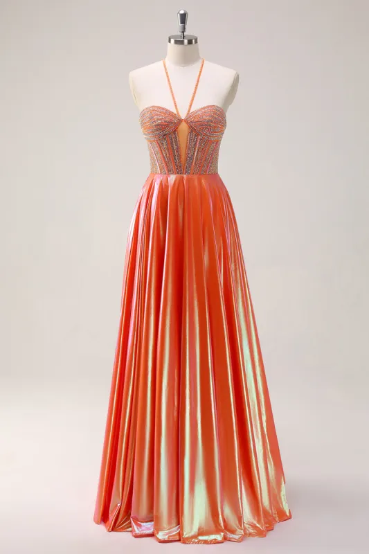 Sparkly Orange A-Line Halter Metallic Long Prom Dress with Beading sold by Zapaka