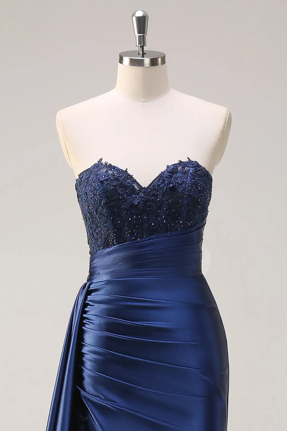 Navy Blue Mermaid Strapless Side Streamer Ruched Corset Long Prom Dress With Slit sold by Zapaka product image thumbnail 4
