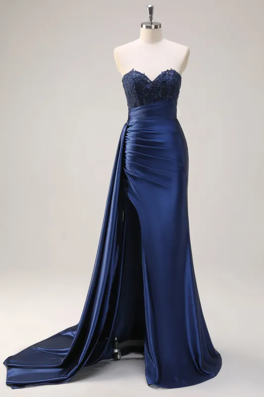 Navy Blue Mermaid Strapless Side Streamer Ruched Corset Long Prom Dress With Slit made by Zapaka