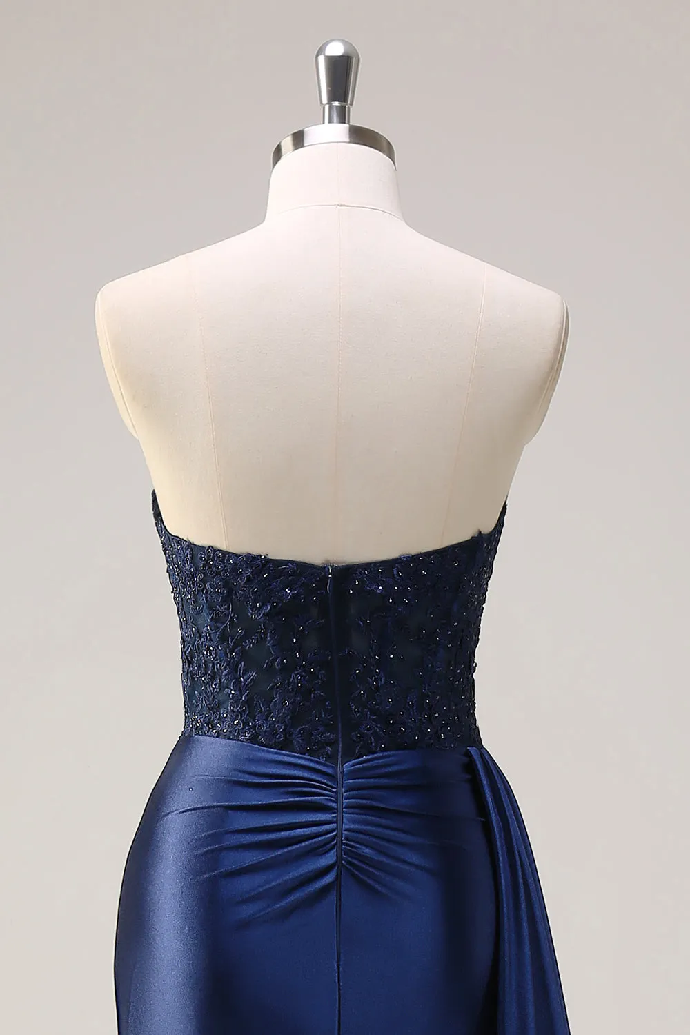 Navy Blue Mermaid Strapless Side Streamer Ruched Corset Long Prom Dress With Slit sold by Zapaka product image thumbnail 5