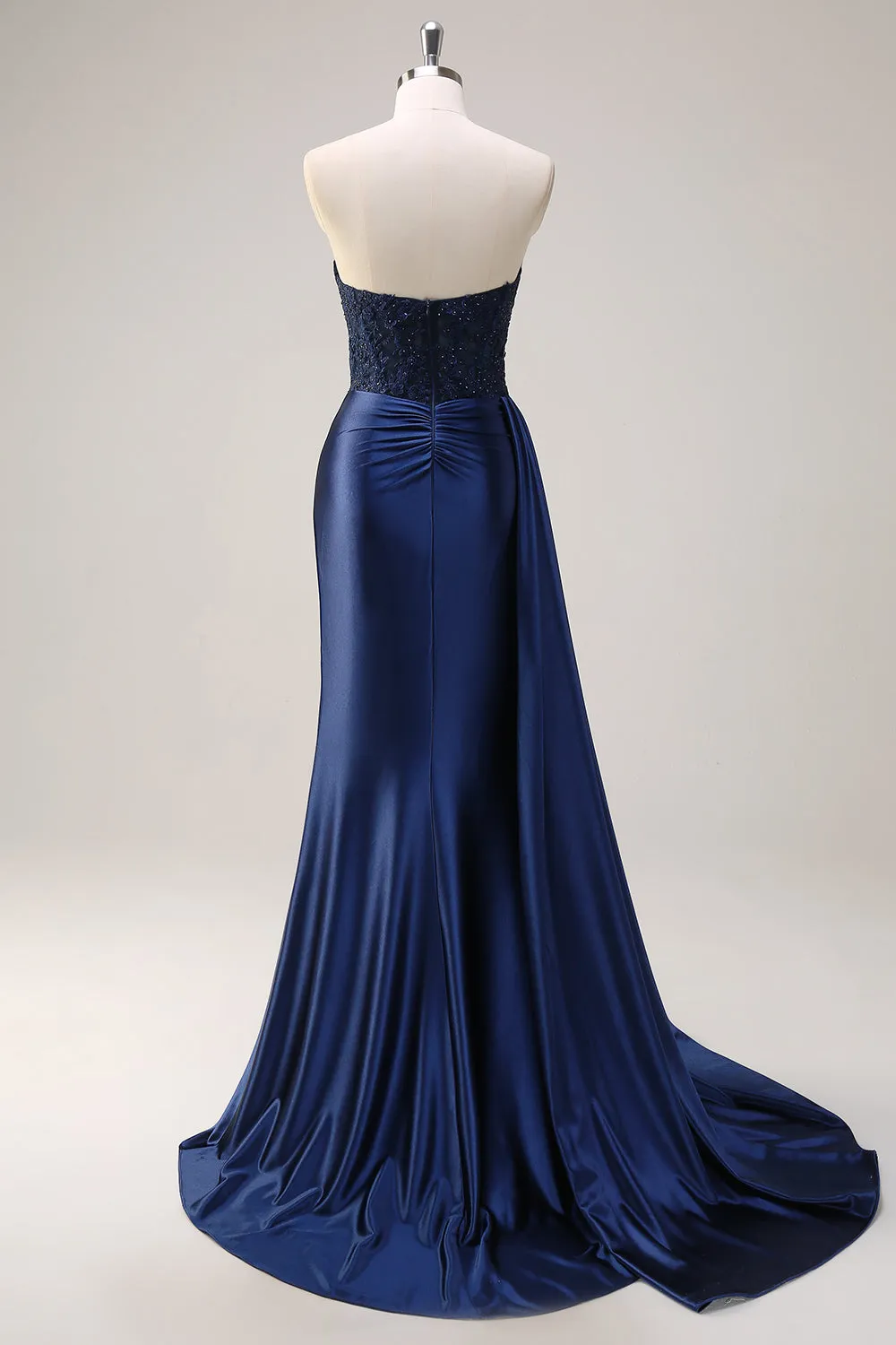 Navy Blue Mermaid Strapless Side Streamer Ruched Corset Long Prom Dress With Slit sold by Zapaka product image thumbnail 2