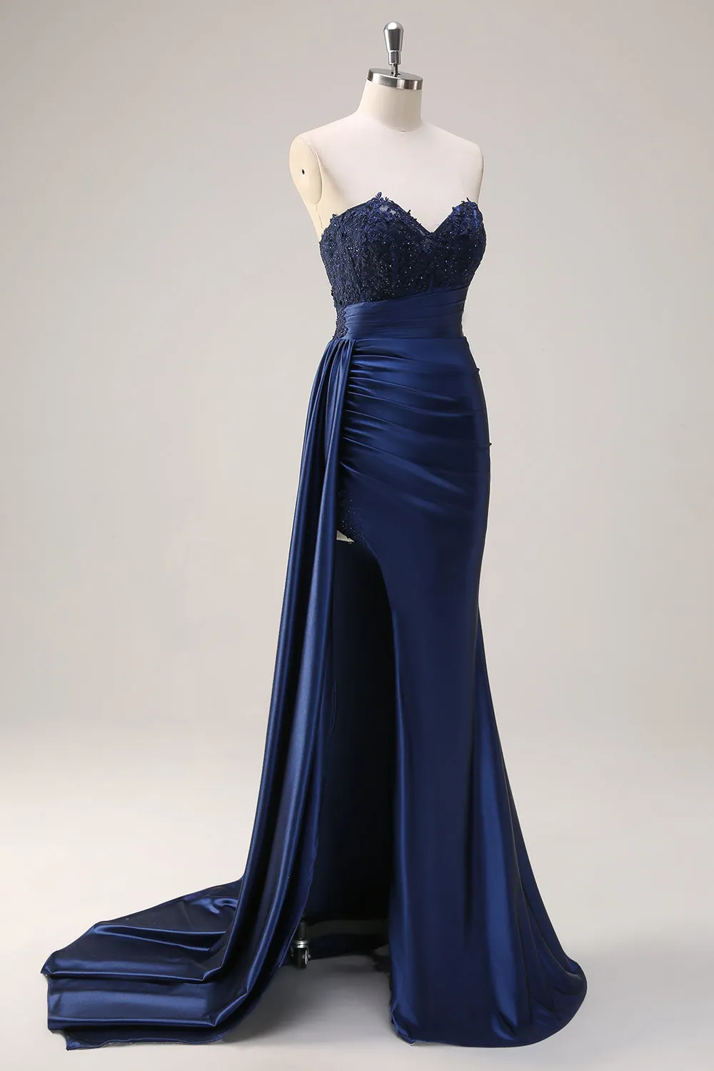 Navy Blue Mermaid Strapless Side Streamer Ruched Corset Long Prom Dress With Slit sold by Zapaka product image thumbnail 3