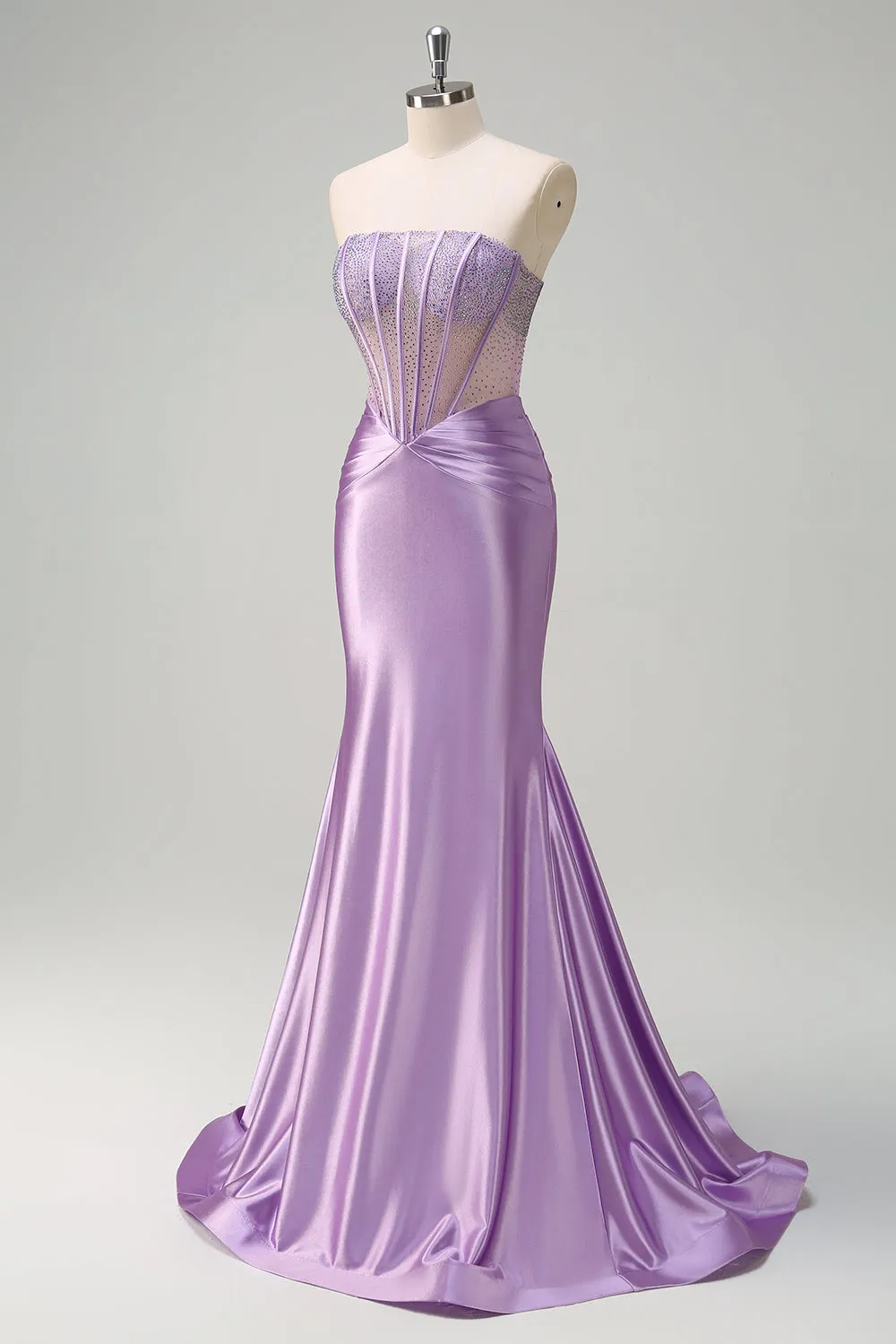 Sparkly Lilac Mermaid Strapless Sheer Corset Long Prom Dress with Beading sold by Zapaka product image thumbnail 3
