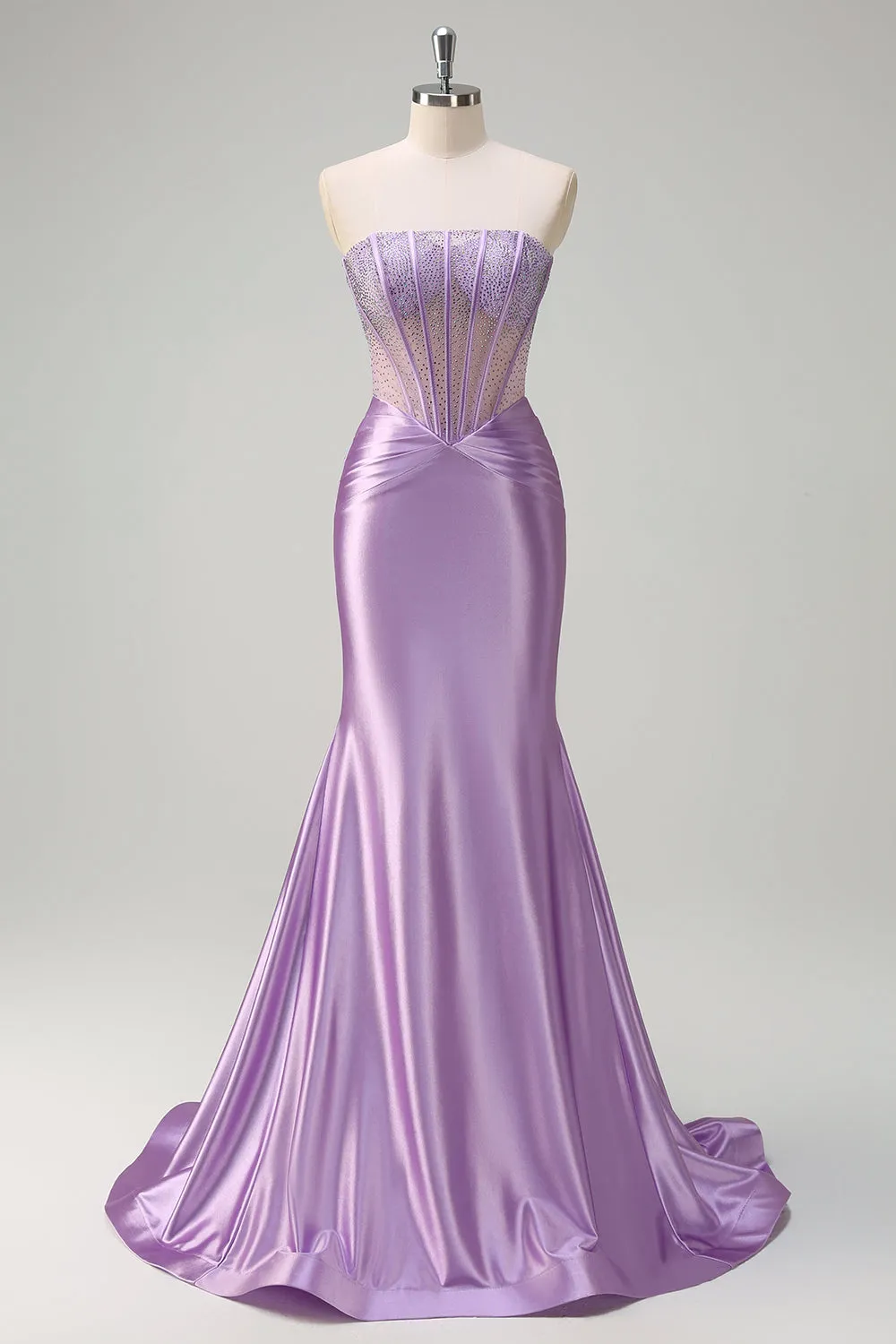 Sparkly Lilac Mermaid Strapless Sheer Corset Long Prom Dress with Beading sold by Zapaka