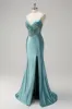 Sparkly Grey Green Mermaid Spaghetti Straps Corset Long Prom Dress with Slit sold by Zapaka