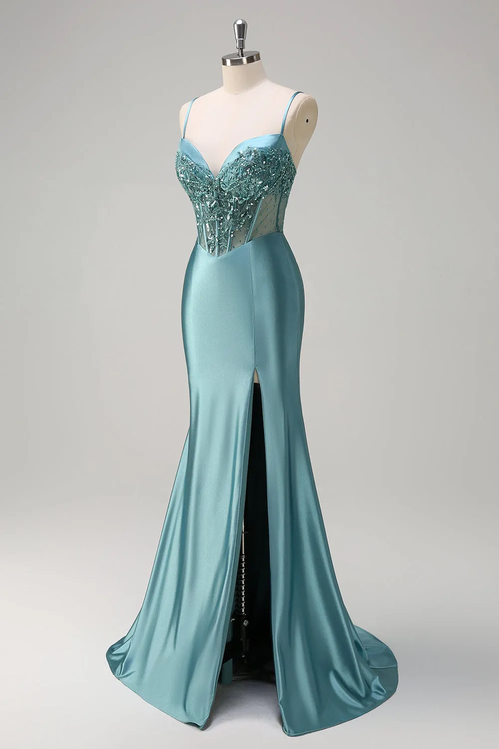 Sparkly Grey Green Mermaid Spaghetti Straps Corset Long Prom Dress with Slit sold by Zapaka product image thumbnail 3