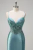 Sparkly Grey Green Mermaid Spaghetti Straps Corset Long Prom Dress with Slit sold by Zapaka