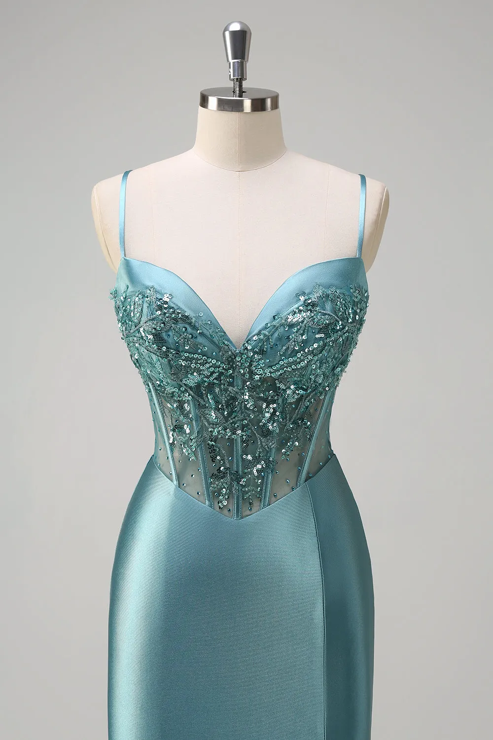 Sparkly Grey Green Mermaid Spaghetti Straps Corset Long Prom Dress with Slit sold by Zapaka product image thumbnail 4